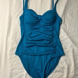 Liz Claiborne Teal Blue Ruched One-Piece Swimsuit